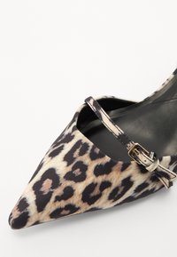 Cipele s leopard uzorkom, špicastog vrha, s crnim remenom i zlatnim detaljem kopčanja. Gornji dio od glatke tkanine, crna unutrašnjost i elegantan profil dizajna.