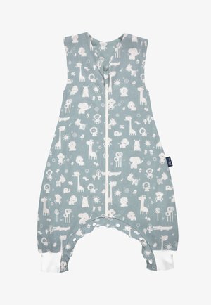Light blue romper featuring a white animal print design, short sleeves, a front zipper, and elastic cuffs at the ankles.