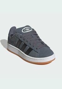Zapatilla de ante gris con tres rayas negras, cordones texturizados y logo blanco en la lengua. Suela de goma con un acabado suave.