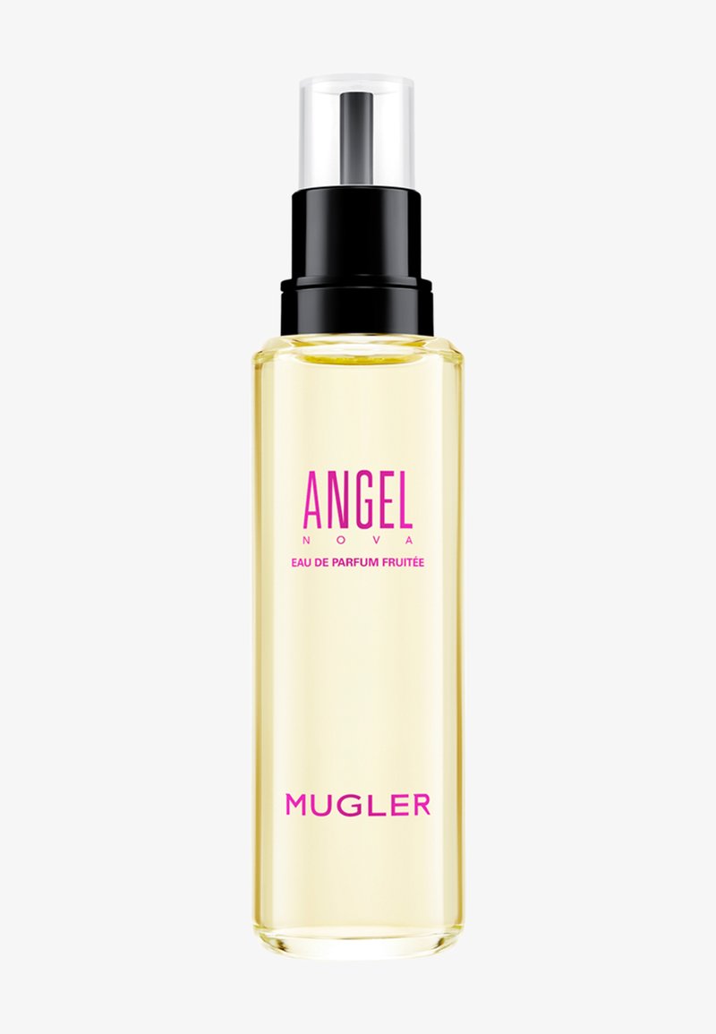 Klar glas sprayflaske med lyst gul parfume, mærket Angel Nova Eau de Parfum Fruitée af Mugler i pink tekst.