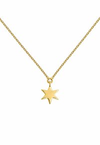 Collar en tono dorado con un colgante en forma de estrella y una superficie brillante y lisa. El delicado diseño de la cadena realza los detalles del colgante.