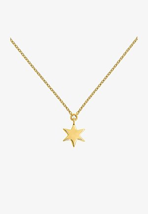 Collar en tono dorado con un colgante en forma de estrella y una superficie brillante y lisa. El delicado diseño de la cadena realza los detalles del colgante.