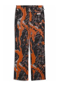 Sorte bukser med et kaotisk, abstrakt mønster i orange og grå. Stoffet ser blødt ud, med en afslappet pasform og elastisk talje.