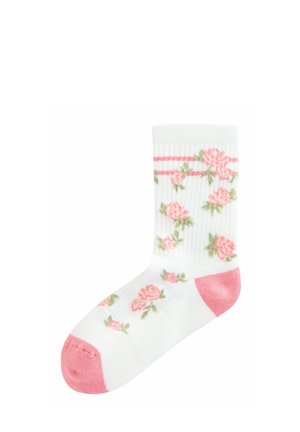Valged pahkluusokid, millel on sooniline tekstuur. Sokkidel on roosa roosi muster ja rohelised lehed, roosa varvas ja kand, ning üleval on kaks roosat triipu.