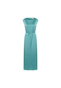 Robe longue teal avec une coupe décontractée, dotée de manches courtes et d'une ceinture à la taille pour un ajustement. Le tissu a une texture douce et lisse.