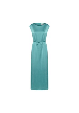 Teal long dress with a relaxed fit, features cap sleeves and a waist tie for adjustment. The fabric has a soft, smooth texture.