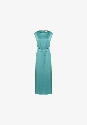 Teal long dress with a relaxed fit, features cap sleeves and a waist tie for adjustment. The fabric has a soft, smooth texture.