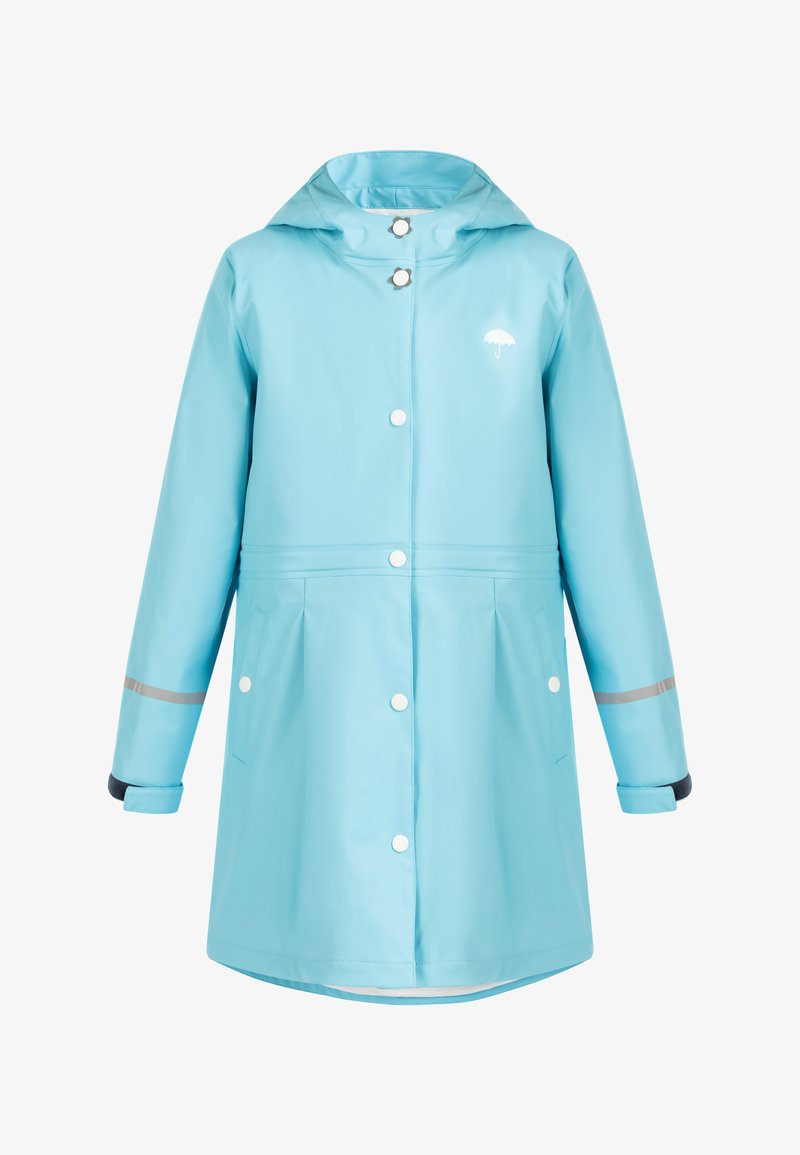 Ljusblå vattentät regnjacka med huva, tryckknappar, två framfickor och reflekterande detaljer på ärmarna. Slät, glänsande yta.