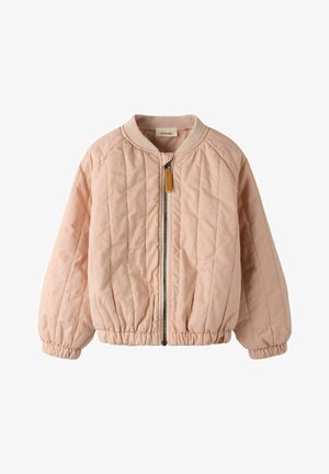 Giacca bomber trapuntata rosa chiaro con zip frontale, polsini ed orlo elastici, progettata per bambini.