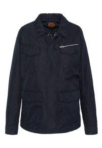 Marineblaue Jacke mit einer Reißverschlusstasche auf der Brust, zwei vorderen Klappentaschen und einem Kragen. Hergestellt aus strapazierfähigem Material mit matter Oberfläche.