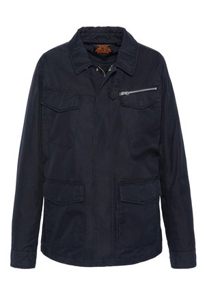 Navy blue jacket with a zippered chest pocket, two front flap pockets, and a collared neck. Made from durable fabric with a matte finish.