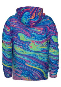 Sudadera con capucha de un patrón en espiral de colores rosa, azul, verde y amarillo; hecha de un material suave y elástico.