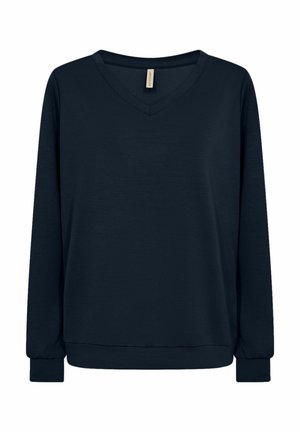 Langärmliges navyblaues V-Ausschnitt-Sweatshirt mit gerippten Bündchen und Saum, auf einem schlichten weißen Hintergrund präsentiert.