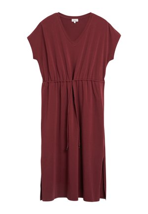 Ärmelloses kniegelegenes bordeauxrotes Kleid mit V-Ausschnitt, Taillenschnürung und seitlichen Schlitzen auf beiden Seiten.