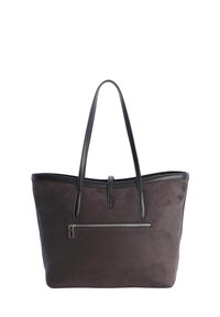 Bolso tote de ante marrón oscuro con asas de cuero negro, ribetes de cuero negro y un bolsillo horizontal con cremallera en la parte delantera.