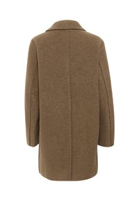 Cappotto in lana marrone con una vestibilità rilassata, maniche larghe e colletto a punte. La parte posteriore presenta una cucitura centrale e un orlo leggermente curvo.