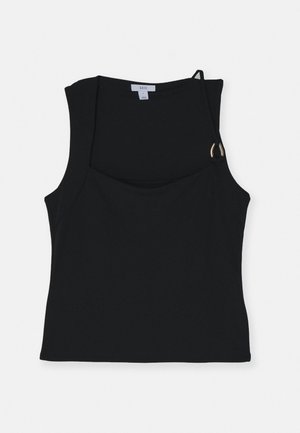 Must läikiv must top, millel on ruudukujuline kaelus, knootitud rihmad ja kuldne detail. Valmistatud siledast ja venivast kangast.