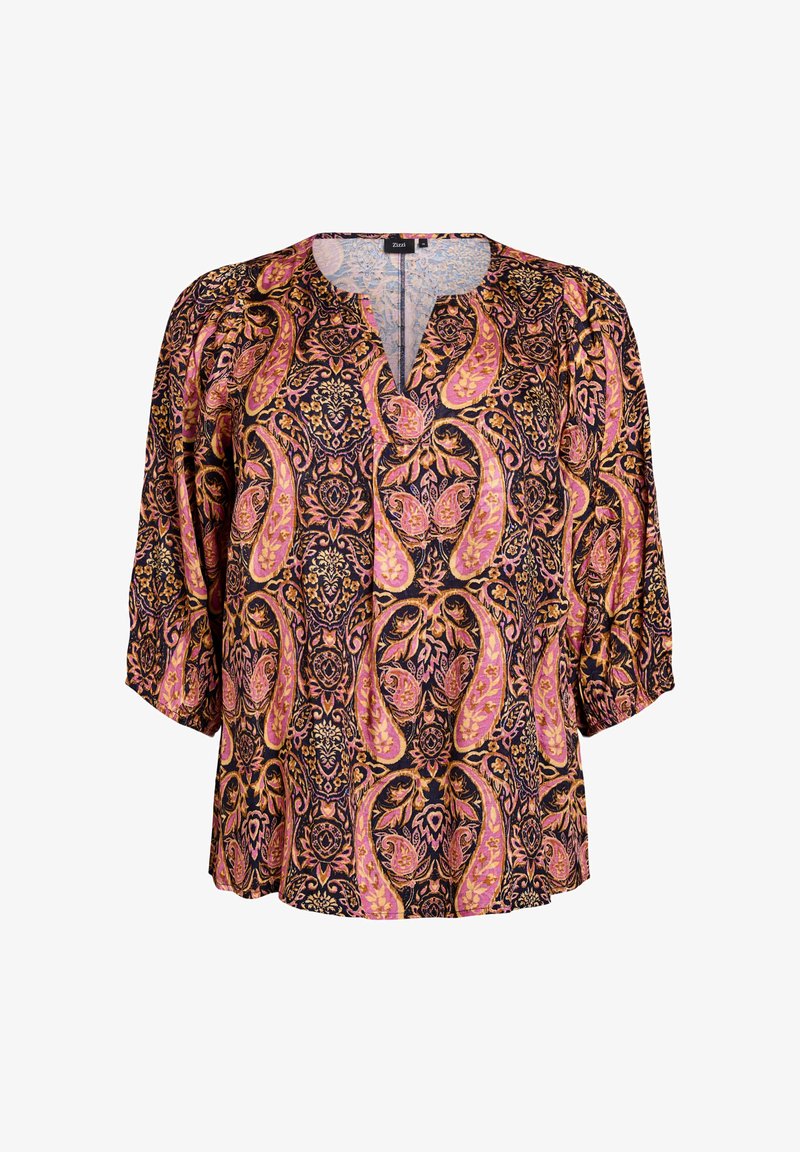 Blusa fluida con scollatura a V profonda, caratterizzata da un intricata fantasia paisley in rosa, giallo e nero, con maniche a sbuffo tre quarti.