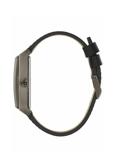 Metall- und Gummiuhr mit rechteckigem Ziffernblatt, schwarzem Armband und silbernen Akzenten. Verfügt über eine strukturierte Oberfläche und einen verstellbaren Verschluss.