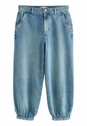 Jasnoniebieskie dżinsy z denimu z elastycznymi mankietami, kieszeniami z przodu i z tyłu, szlufkami na pasek oraz zapięciem na guzik w talii.