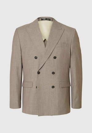 Beige Doppelreiher-Männerblazer mit Reverskragen, schwarzen Knöpfen, zwei Klappentaschen und einer Brusttasche, normale Passform.