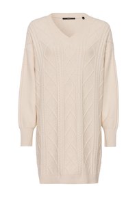 Hellbeige gestrickter Pullover mit V-Ausschnitt, Zopfmuster und langen Ärmeln, ausgestattet mit gerippten Bündchen und Saum für zusätzliche Textur.