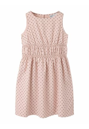 Ärmelloses hellrosa Kleid mit schwarzen Tupfen, elastischem gerafftem Bund und rundem Ausschnitt, entworfen für Kinder.