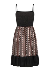 Robe noire sans manches à motifs avec un corsage froncé, des dessins floraux et un ourlet à volants. Le tissu semble léger et fluide.