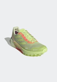 Chaussure de trail running Adidas vert clair avec accents roses, dessus en mesh, étiquette Gore-Tex et semelle robuste, inclinée vers la gauche sur fond blanc.