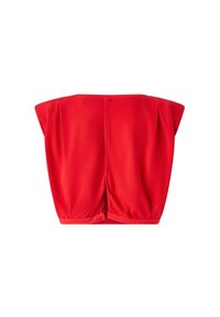 Top rosso largo, caratterizzato da una scollatura ampia, maniche a cappuccio e un design posteriore plissettato. Tessuto morbido e leggero con una silhouette rilassata.