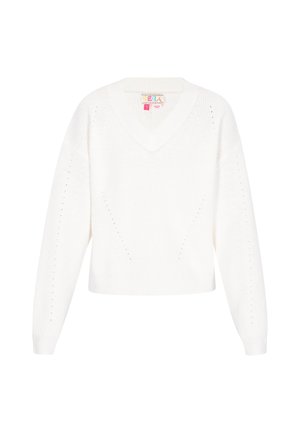 Weißer gestrickter Pullover mit V-Ausschnitt, langen Ärmeln und gerippter Textur. Verziert mit dekorativen Löchern an den Seiten für zusätzlichen Detailreichtum.