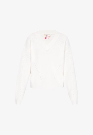 Weißer gestrickter Pullover mit V-Ausschnitt, langen Ärmeln und gerippter Textur. Verziert mit dekorativen Löchern an den Seiten für zusätzlichen Detailreichtum.