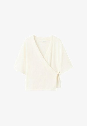 Offwhite Wickeloptik-Top mit kurzen Ärmeln, feiner Textur und seitlicher Bindung aus leichtem Stoff.