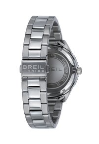 Montre Breil Tribe en acier inoxydable vue de dos, montrant le bracelet en maillons métalliques ainsi que les détails gravés du fermoir et du fond du boîtier.