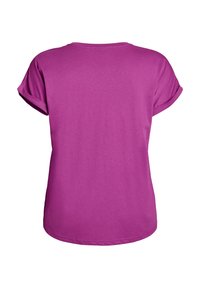 Lühikese varrukaga T-särk erksas magenta värvitoonis, rullitud varrukatega, ümar kaelus, pehme puuvillane materjal ja sile tekstuur, millel on lihtne seljaosa disain.