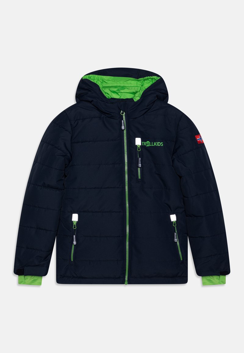 Navy blue puffer jacket with a green inner lining, full zip, adjustable hood, and three zippered pockets featuring contrasting hardware.