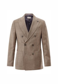 Beige, doppelt geknöpfte Herrenblazer mit breiten Revers, sechs dunklen Knöpfen, zwei aufgesetzten Taschen vorne und einem dunklen Innenfutter.