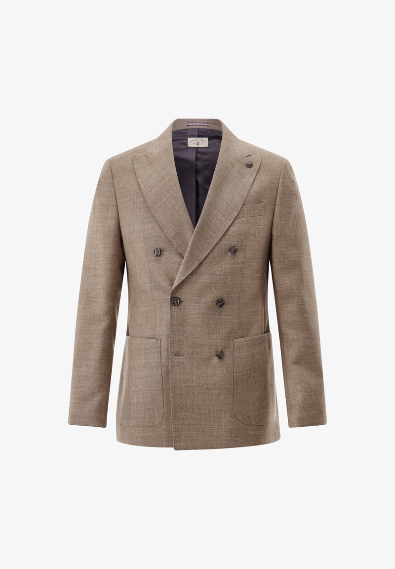 Beige, doppelt geknöpfte Herrenblazer mit breiten Revers, sechs dunklen Knöpfen, zwei aufgesetzten Taschen vorne und einem dunklen Innenfutter.