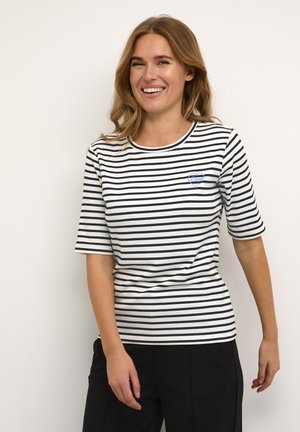 Striped cotton t-shirt with short sleeves, featuring black and white stripes and a small blue heart logo with the word "Love" on the chest.