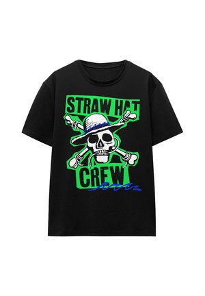 Schwarzes T-Shirt mit grünem Text "Straw Hat Crew" und einem weißen Totenkopf mit Strohhut über gekreuzten Knochen Grafik.