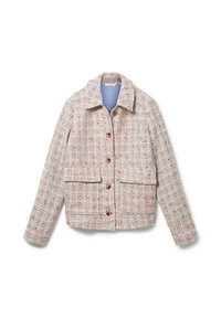 Veste tissée et texturée en blanc avec des éclats multicolores. Caractérisée par un col, des poches avant et des boutons marron.