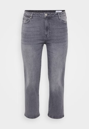 Gray denim jeans with a classic cut, featuring a button and zipper closure, five pockets, and a slightly faded finish.