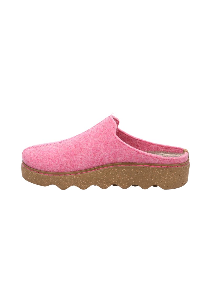 Pink felt slip-on clog with a textured surface, featuring a brown wavy rubber sole and contrasting stitching along the edges.