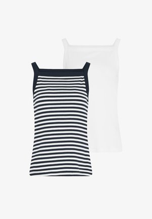 Two women's sleeveless tops, one solid white and one black and white horizontal striped, both with square necklines and straps.