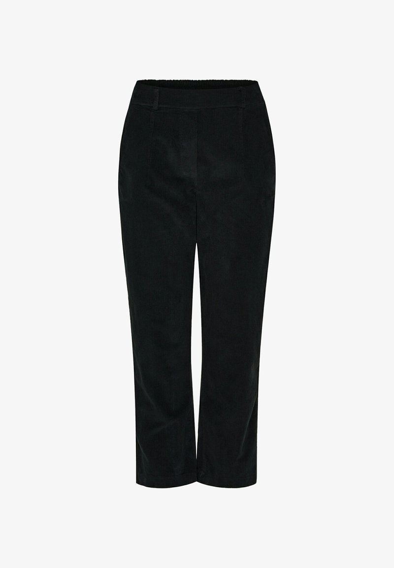 Sorte fløjlsbukser med lige ben-design, der har en elastisk talje og en glat tekstur. Ingen synlige lommer eller pynt.