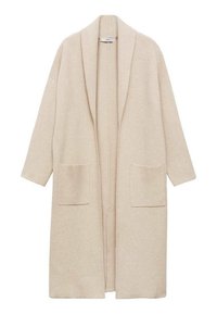 Beige väri, keskipitkä neuletakki pehmeästä kankaasta, jossa on avoin etuosa, suuret taskut ja rennot, väljät hihat mukavaan istuvuuteen.