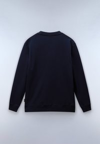 Marineblauwe sweatshirt met lange mouwen, geribbelde halslijn en manchetten, zachte textuur en een labeldetail aan de onderkant links.