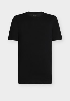 T-shirt noir à manches courtes en coton. Présente un col rond et une texture lisse. Design simple sans motifs ni accents.