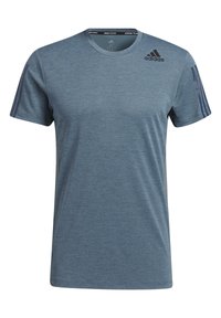 Camiseta de entrenamiento para hombre de Adidas en azul texturizado con el logo negro en el pecho y tres rayas en ambas mangas, de manga corta y cuello redondo.