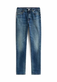 Jeans de mezclilla azul oscuro con corte ajustado, que cuentan con bolsillos frontales, cierre de botón y un ligero desgaste en los muslos.